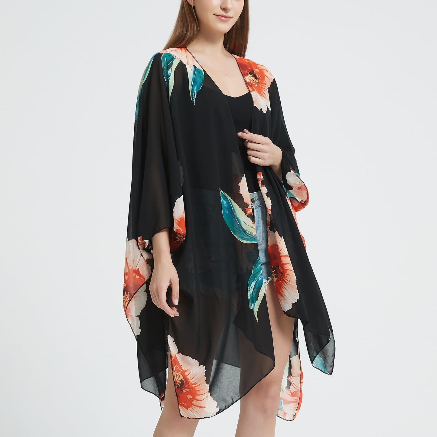 Women's Bohemian Floral Chiffon Beach Cover up Swimsuit Kimono Summer Swimwear Cardigans