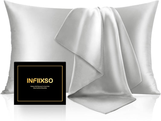 INFIIXSO Mulberry Silk Pillowcase for Hair and Skin, Silk Pillow Cases Standard Size with Hidden Zipper 20x26 Inches, Ultra Smooth and Soft Cooling Pillow Cases for Hot Sleepers(Light Grey, 1 Pack)