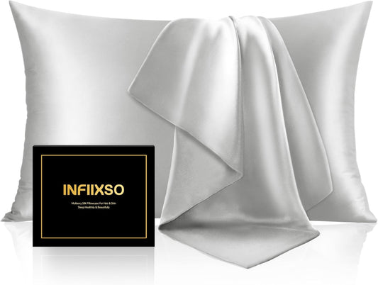 INFIIXSO Mulberry Silk Pillowcase for Hair and Skin, Silk Pillow Cases King Size with Hidden Zipper 20x40 Inches, Ultra Smooth and Soft Cooling Pillow Cases for Hot Sleepers(Light Grey, 1 Pack)
