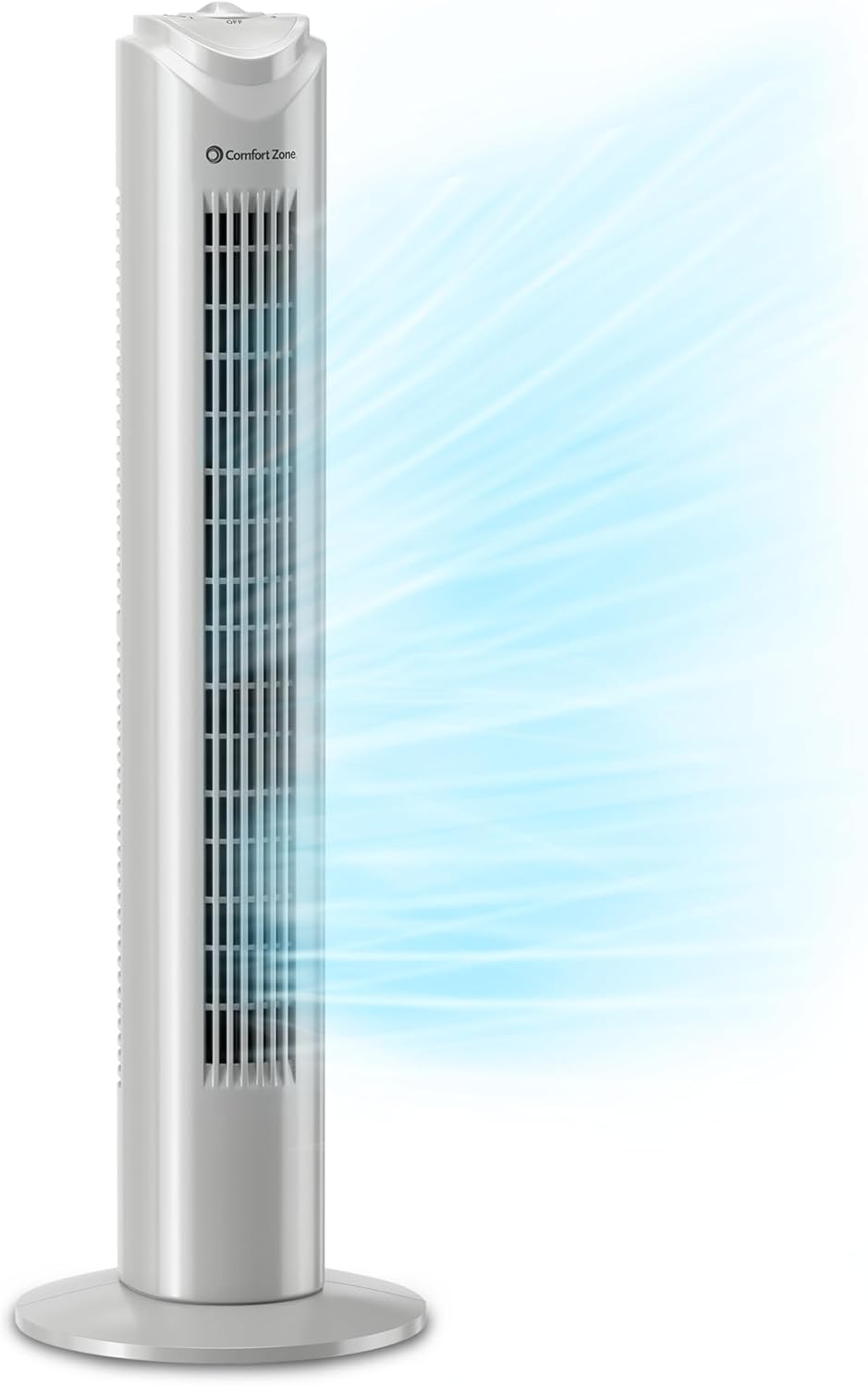 Comfort Zone Tower Fan for Bedroom, 32 inch, 3 Speeds, 90 Oscillation, Bladeless Indoor Fan, Built in Carry Handle, Portable Stand Fan, Gray