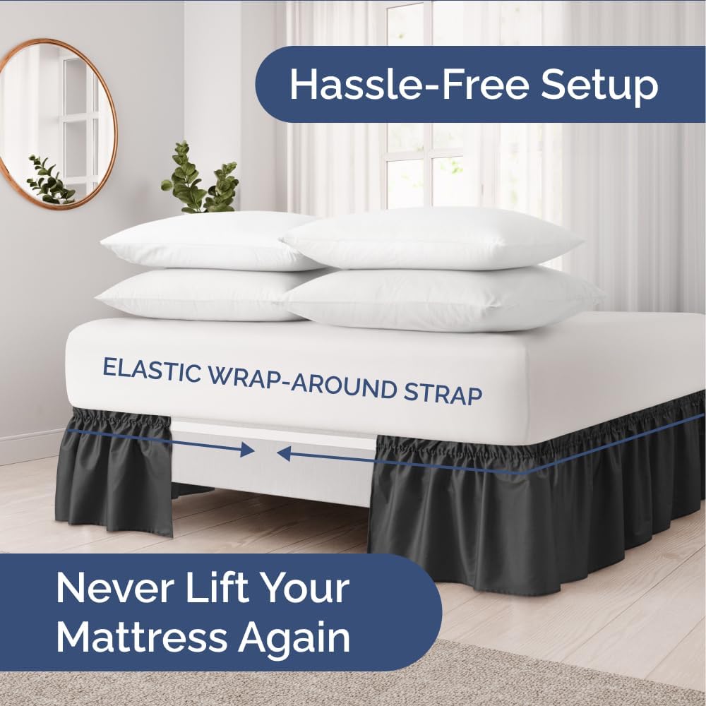 Wrap Around Dust Ruffle Bed Skirt - Black - for Queen Size Beds with 15 Inch Drop - Easy Fit Elastic Strap - Adjustable Pleated Bedskirt w/Brushed Fabric - Wrinkle Free - for Women, Men, Kids & Teens