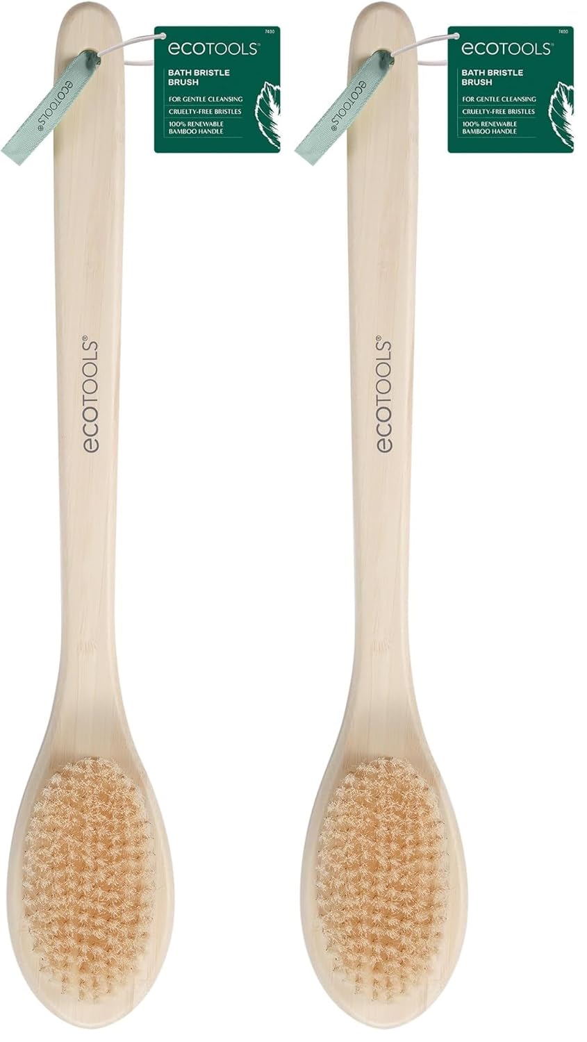 EcoTools Bristle Bath Brush, Shower Body Brush with Gentle, Stiff Bristles, Long Bamboo Handle, Gently Exfoliating for Back & Body, Stimulates Blood Circulation, Eco-Friendly, 1 Count (Pack of 2)