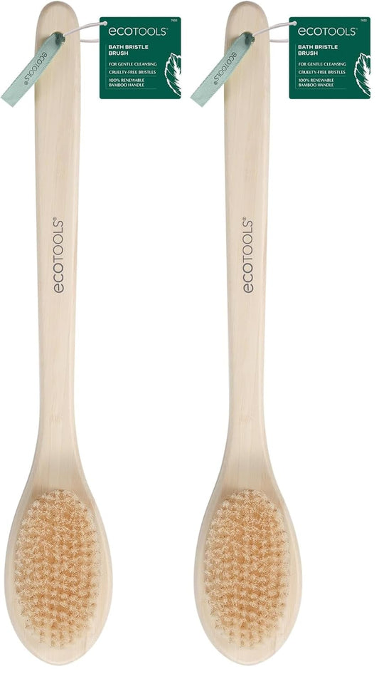 EcoTools Bristle Bath Brush, Shower Body Brush with Gentle, Stiff Bristles, Long Bamboo Handle, Gently Exfoliating for Back & Body, Stimulates Blood Circulation, Eco-Friendly, 1 Count (Pack of 2)