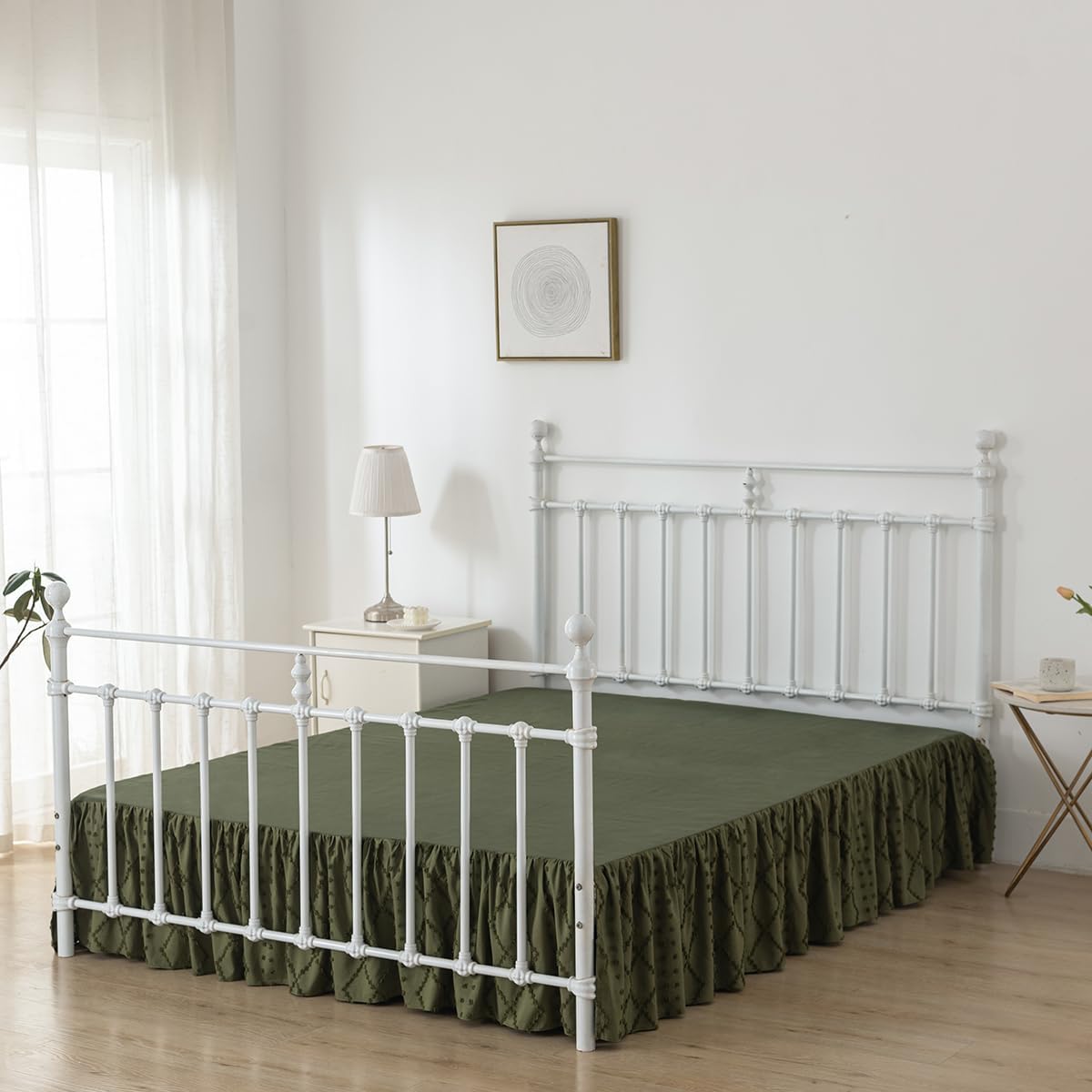 Bed Skirt Queen Size Ruffled Bed Skirt with Split Corners, 14 Inch Drop Dust Ruffle Bed Skirts with Platform, Boho Tufted Shabby Chic Queen Size Bed Skirts, Olive Green
