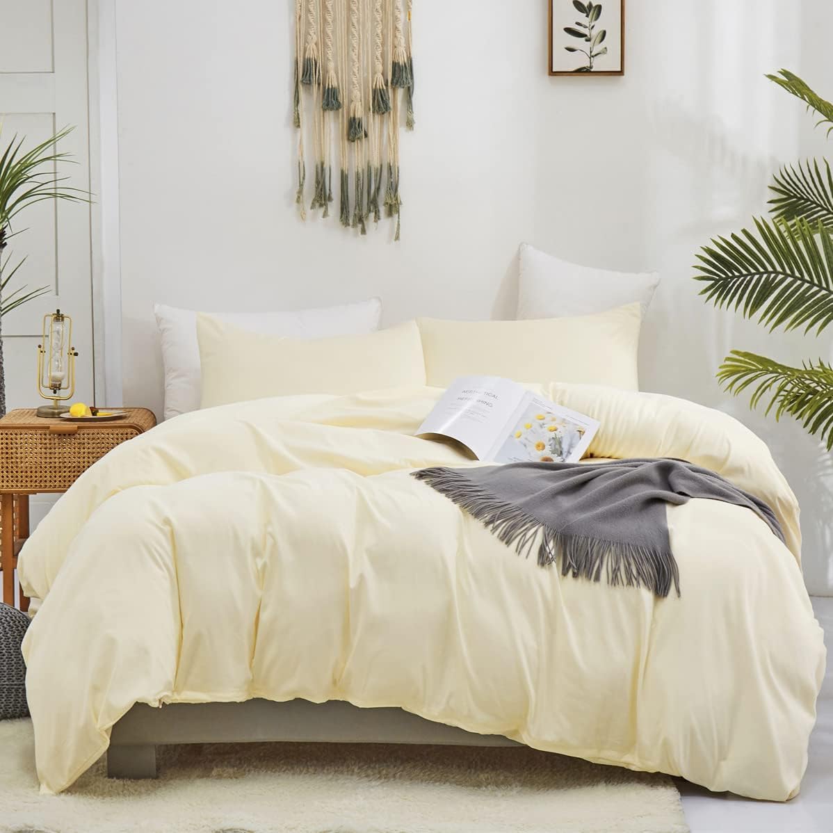 KAREVER Light Yellow Comforter Set King Off White Bedding Set Men Beige Breathable Ivory Bedding Set Women Soft Off White King Ivory Bedding Comforter Set