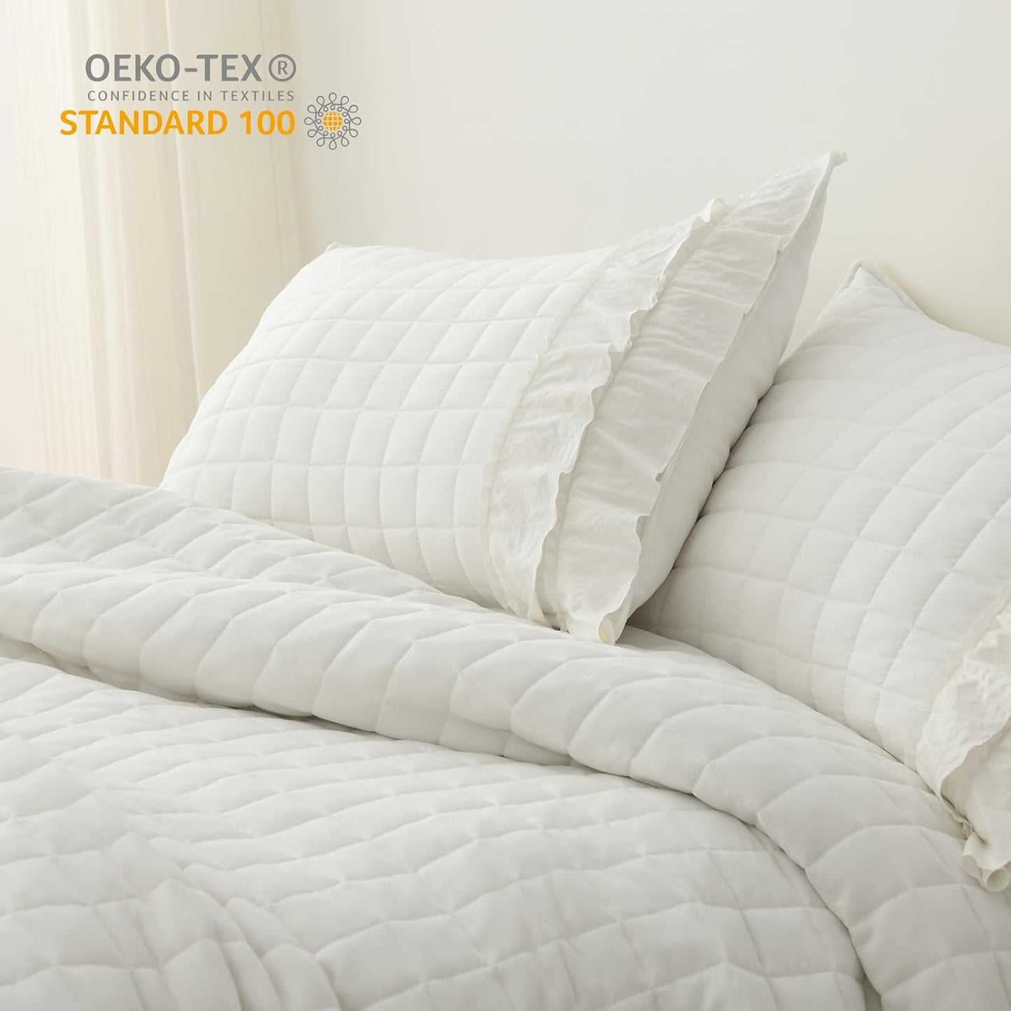HORIMOTE HOME Ivory Ruffled Quilt Set King Size, Classic Geometric Square Stitched Pattern, Pre-Washed Farmhouse Shabby Chic Microfiber Lightweight Bedding Set Bedspread Coverlet for All Season