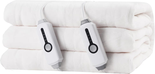 Electric Heated Blanket 84"x90" Queen Size, Soft Coral Fleece, Dual Controllers with 4 Heating Levels and 10 Hours Auto-Off, Machine Washable, Cozy Plush Fabric for Home, White