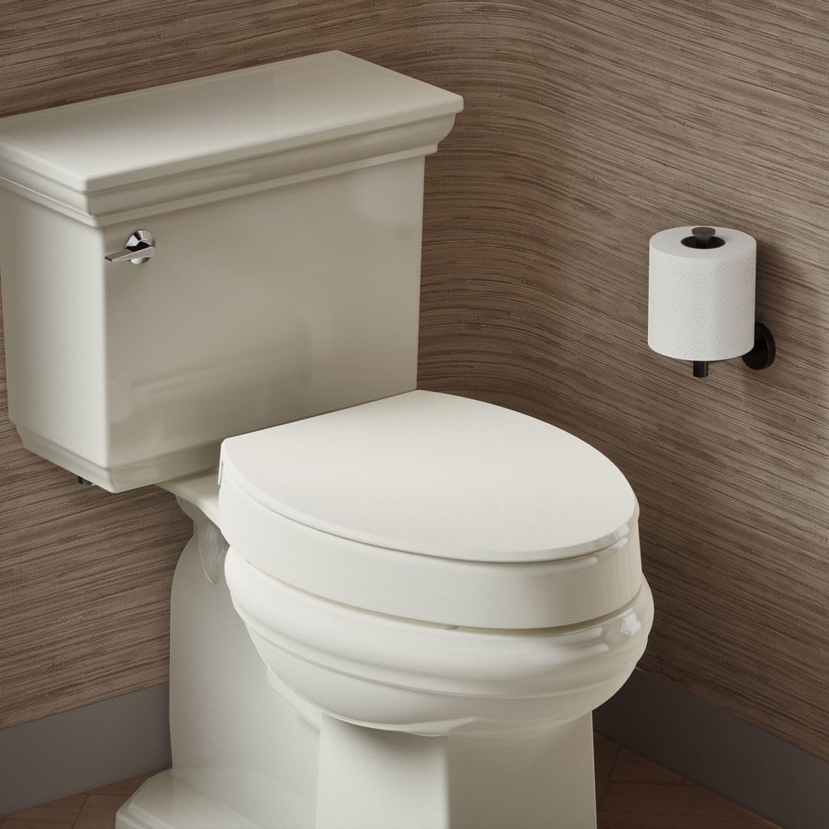 KOHLER 25875-96 Hyten 3" Height, Elevated Soft Close Elongated Toilet Seat, Contoured Seat with Grip-Tight Bumpers, Quick-Attach Hardware, No Slam Toilet Seat, Biscuit