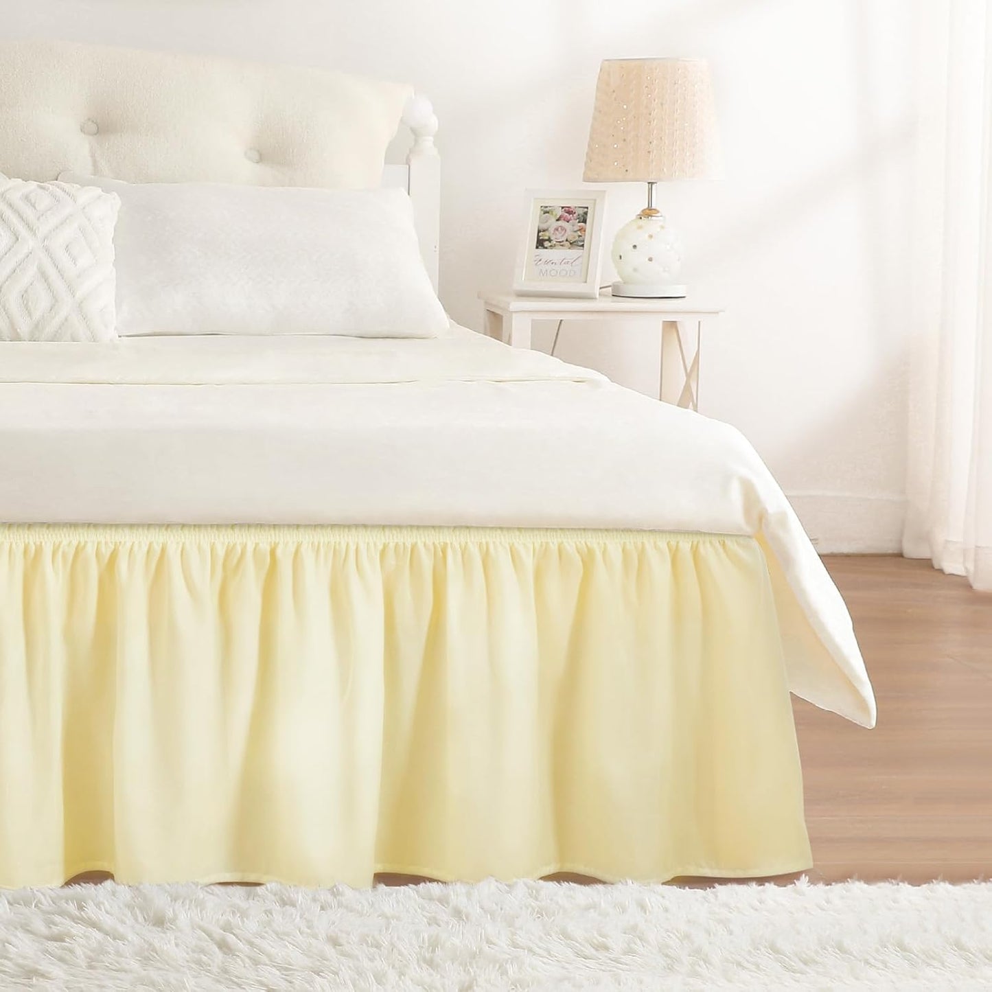 RIMELA Beige Yellow Bed Skirt Twin Size 15 Inch Drop, Elastic Bed Skirting for Bed Base and Frame, Bedding Dust Ruffle Easy to Install, Lightweight Wrap Around Adjustable Bedskirt