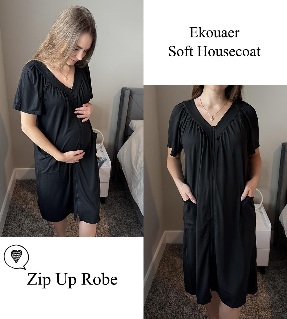 Ekouaer Women Robe Zipper Front Mumu Duster Robes Zip Up Housecoat Soft Sleepwear with Pockets S-3XL