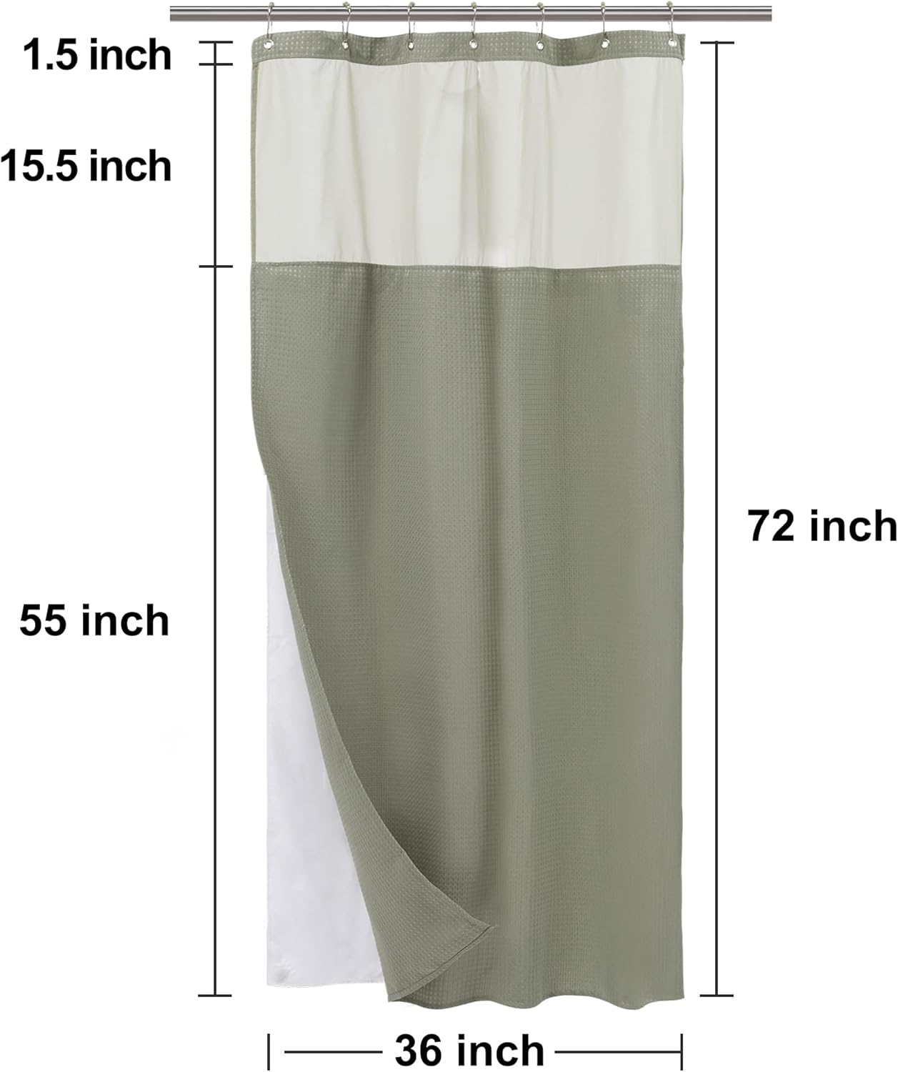 N&Y HOME Stall Waffle Weave Shower Curtain with Snap-in Fabric Liner & Hooks Set - 36" x 72" Small Shower Stall Size, Hotel Style & Mesh Top Window, Machine Washable - 36x72, Sage Green