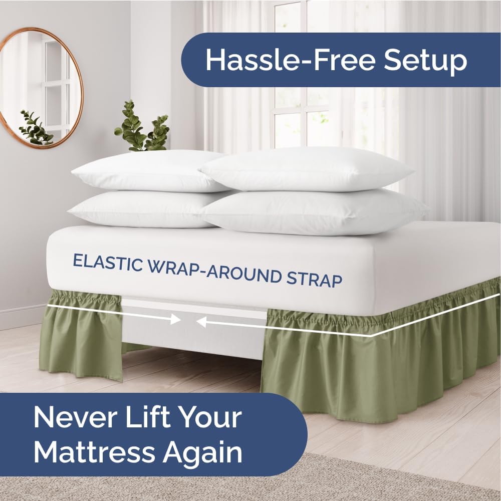 Wrap Around Dust Ruffle Bed Skirt - Sage Green - for King Size Beds with 18 Inch Drop - Elastic Strap - Adjustable Pleated Bedskirt with Brushed Fabric and Wrinkle Free - for Women, Men, Kids & Teens