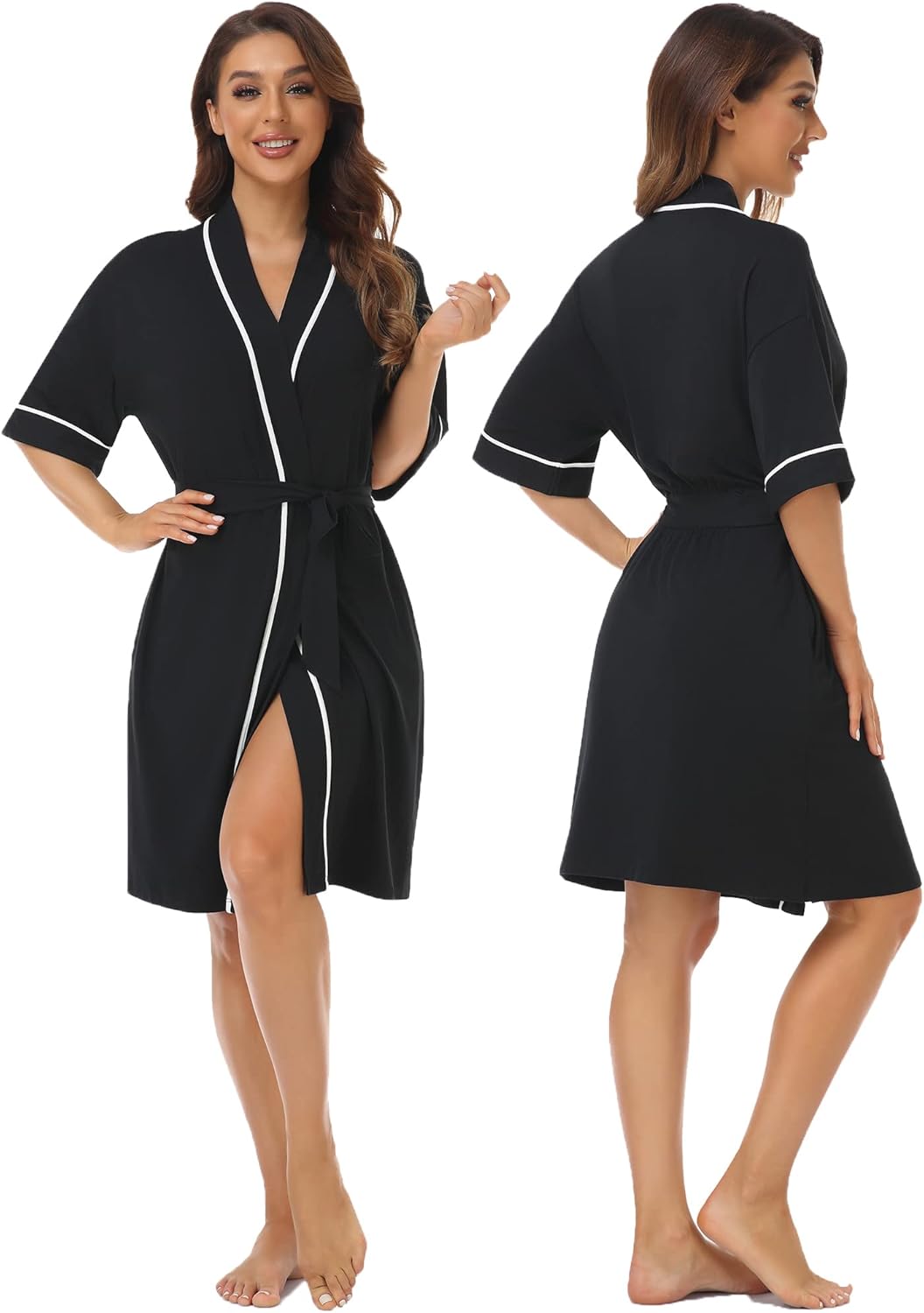 COLORFULLEAF Womens Bamboo Short Robes Lightweight Kimono Cotton Robe Soft Knit Bathrobe Ladies Loungewear with Pockets