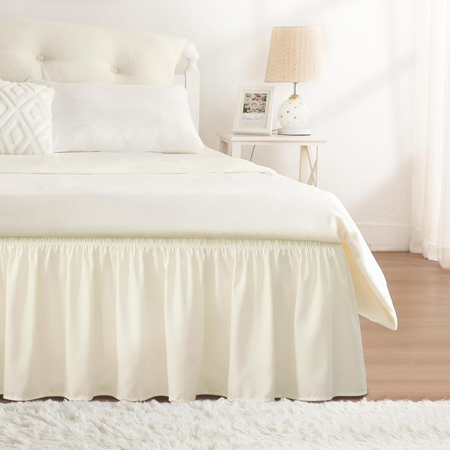 RIMELA Cream Bed Skirt King Size 15 Inch Drop, Elastic Bed Skirting for Bed Base and Frame, Lightweight Wrap Around Adjustable Bedskirt, Bedding Dust Ruffle Easy to Install