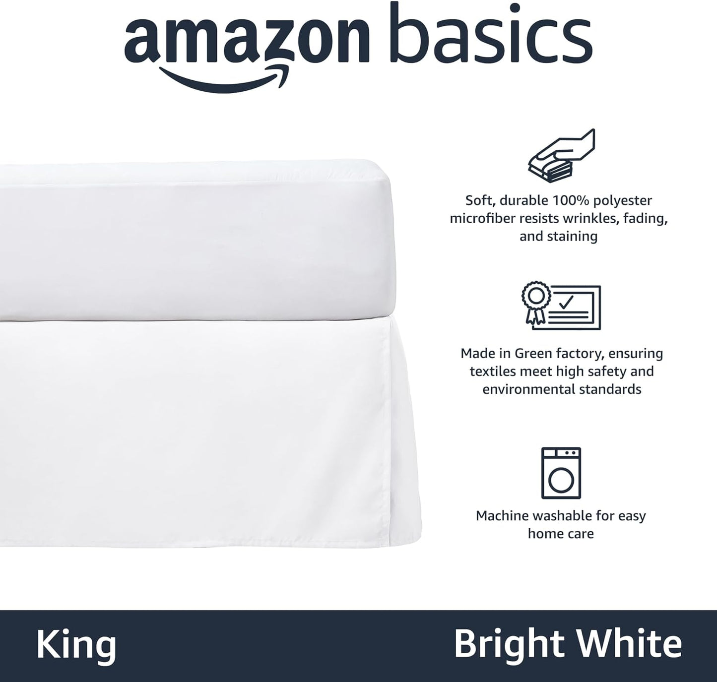 Amazon Basics Lightweight Pleated Bed Skirt, King, Bright White, Solid