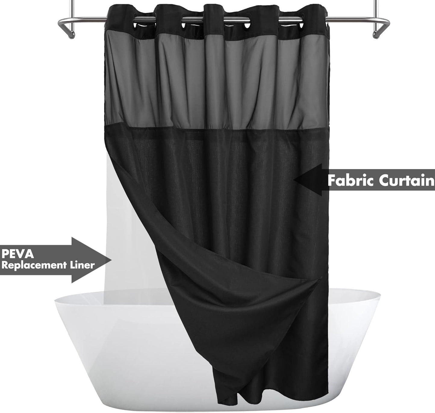 Extra Long No Hook Slub Textured Shower Curtain with Snap-in PEVA Liner Set - 71" x 86"(84"), Hotel Style with See Through Top Window, Black Fabric Curtain & Waterproof Liner, Black, 71x86