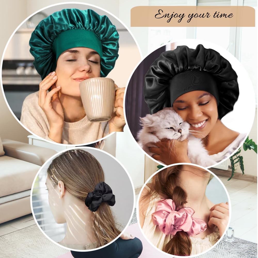 3+3 Large Satin Bonnets with Scrunchies for Women, Wide Band Hair Bonnet for Sleeping Braids Curly Hair