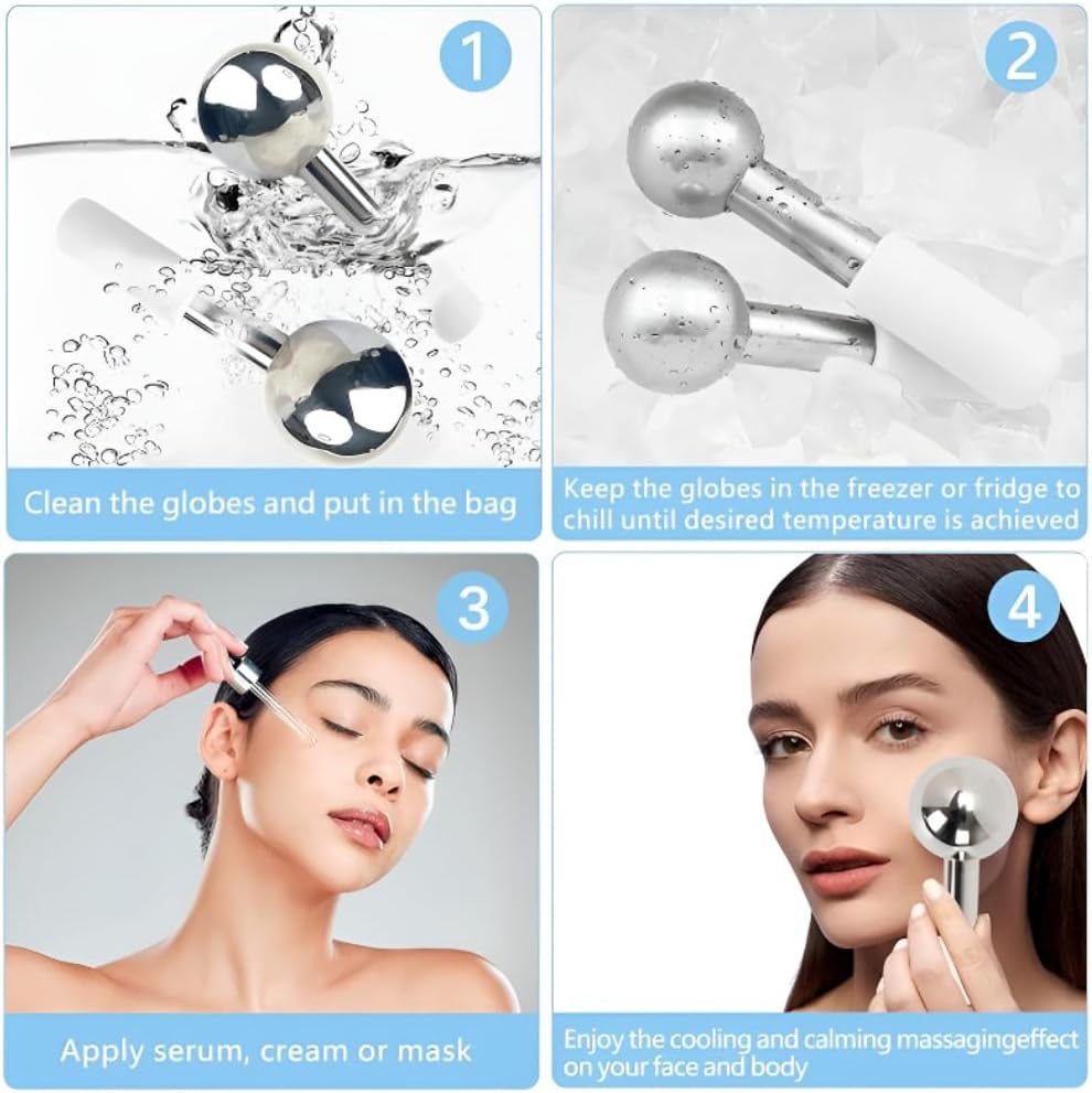 Ice Globes for Face & Eyes, Unbreakable Stainless Steel Cool Massagers for Skincare Routines, Multifunctional Cold Roller Cooling Globes for Puffiness, Sagging Skin, Fine Lines, and Facial Relaxation