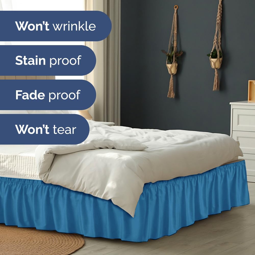 Wrap Around Dust Ruffle Bed Skirt - Denim Blue - for King Size Beds with 24 Inch Drop - Elastic Strap - Adjustable Pleated Bedskirt with Brushed Fabric and Wrinkle Free - for Women, Men, Kids & Teens