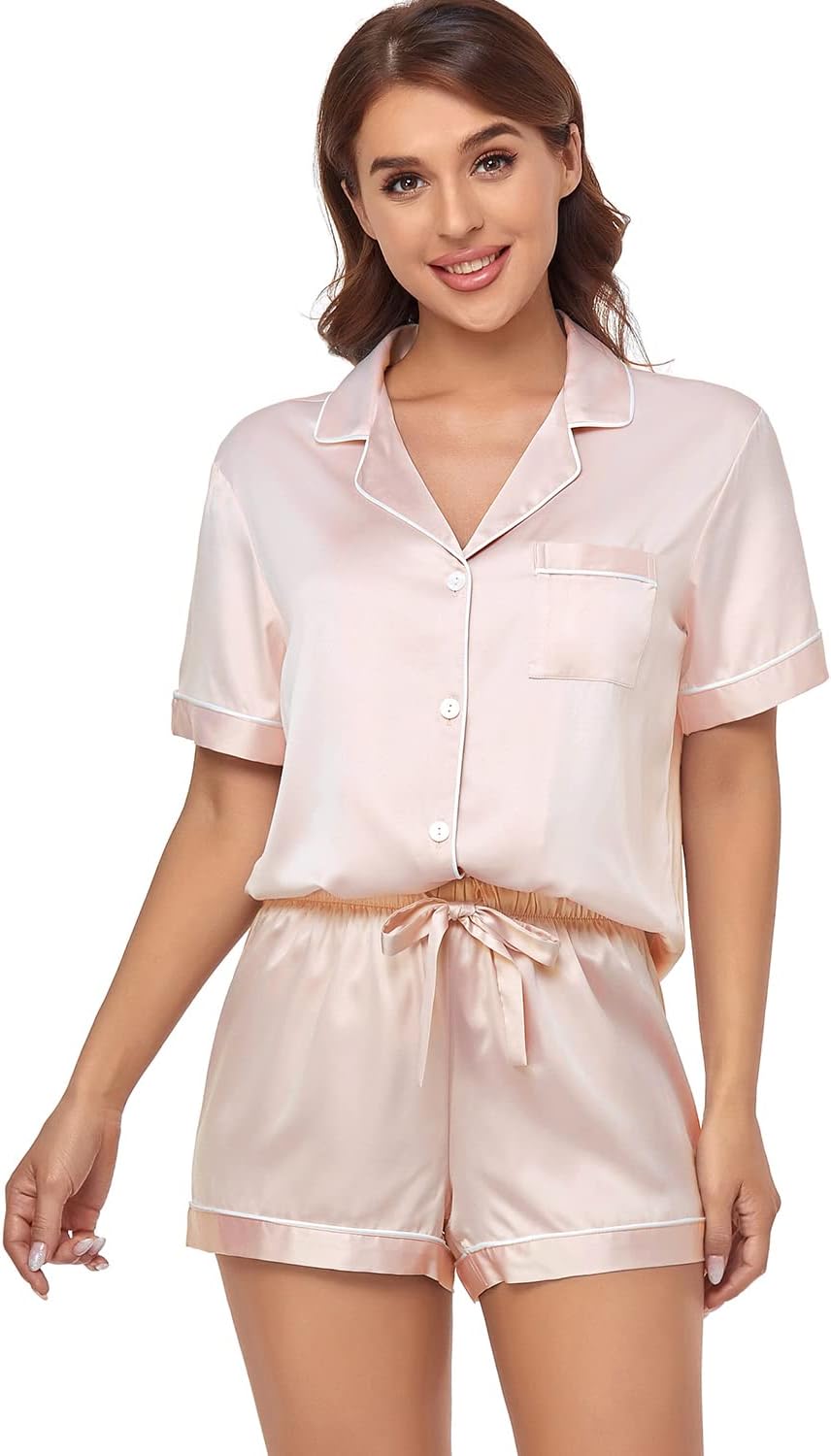 Women's Satin Pajama Set 2-Piece Sleepwear Loungewear Button Down Short Sleeve Silky PJ Set