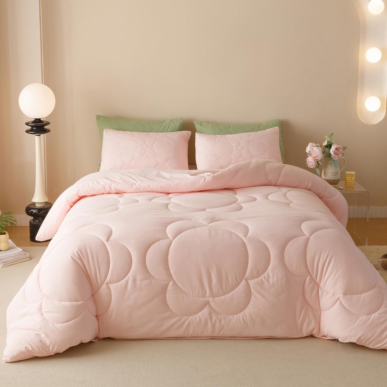 KAREVER Pink Flower Comforter Full Pink Sunflower Print Bed Full Comforter Set 3 Pieces Dark Pink Floral Comforter Set for Boys Girls Teens Bedroom Decor All Season Hotel Quality Comforter Set