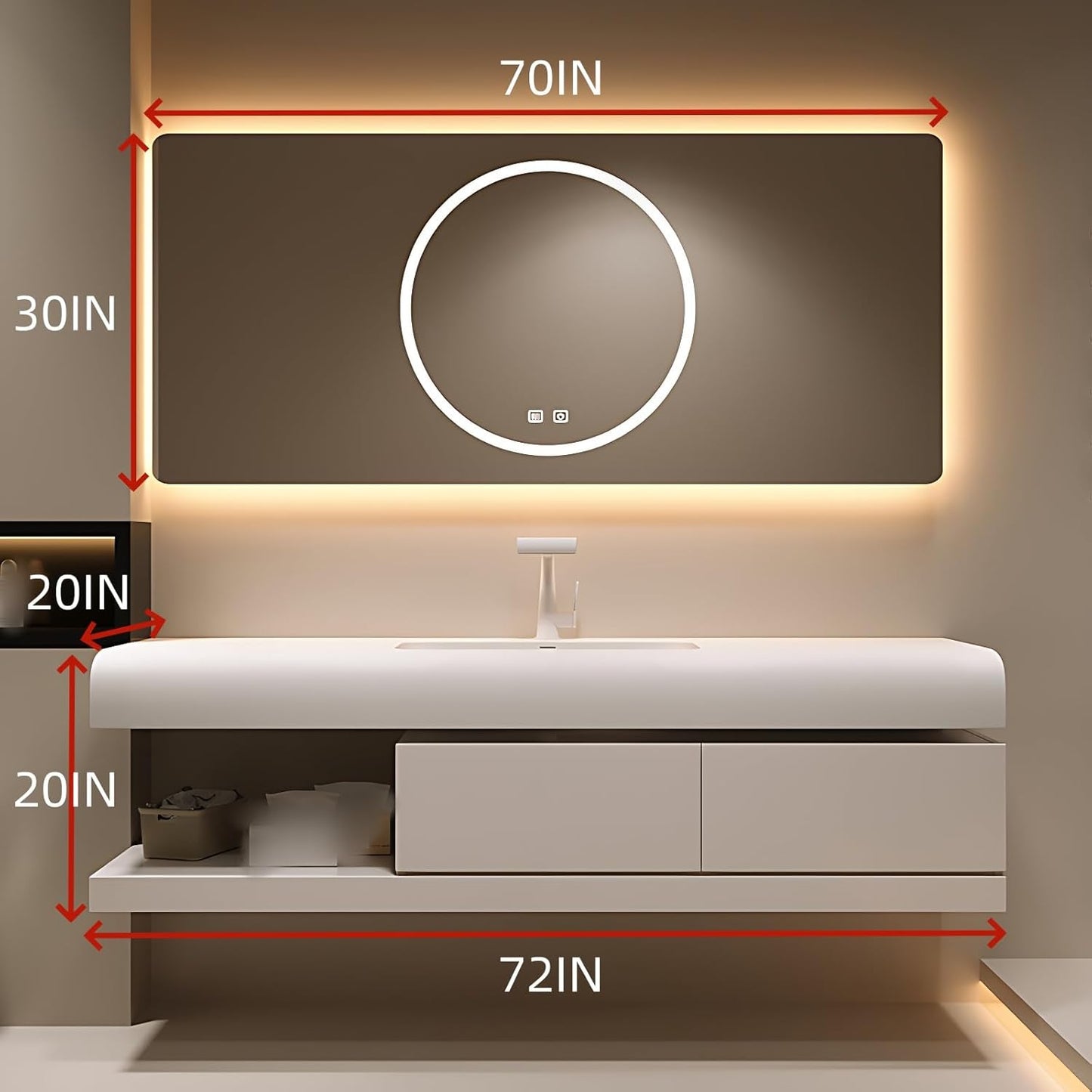 72IN Bathroom Vanity with Sink - Bathroom Cabinet Set has 2 Drawers & Overflow Hole Wall Mounted | LED Practical Defogging Mirror, Open Compartments, Seamless Rock Slab Basin (Cream White)