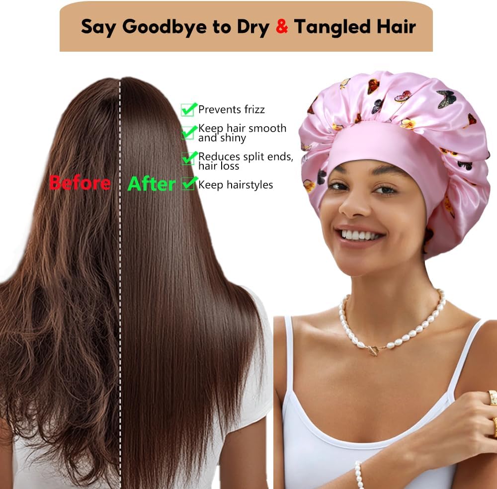 3+3 Large Satin Bonnets with Scrunchies for Women, Wide Band Hair Bonnet for Sleeping Braids Curly Hair