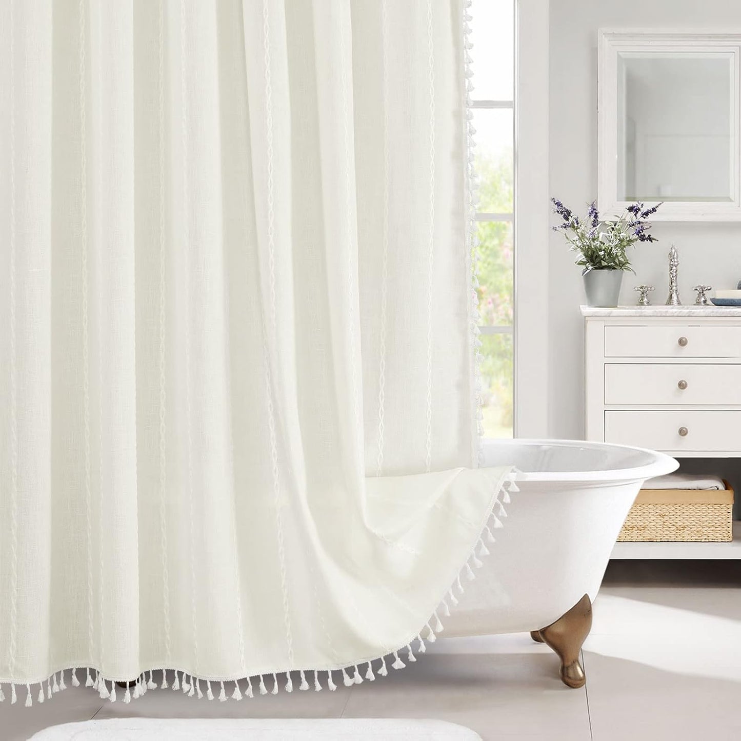 MitoVilla White Boho Extra Long Shower Curtain 72 x 84, Modern Farmhouse 84 inch XL Rustic Polyester Linen Tassel Heavy Duty Shower Curtain Set with Hooks for Cottagecore Country Bathroom Decor Ivory