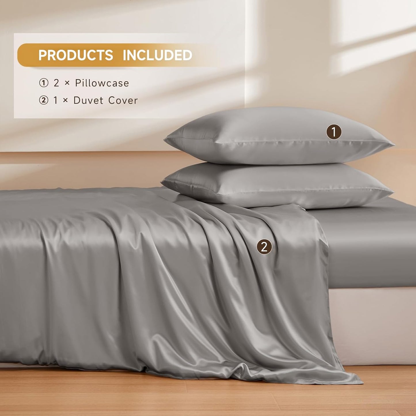 THXSILK 100% Pure Mulberry Silk Duvet Cover Set 3 Piece, 6A+ Grade Luxury Soft Bedding Silk Sheets for Hair and Skin, 1 Pcs Duvet/Quilt/Comforter Cover with 2 Zippered Pillowcases (Grey, Full)