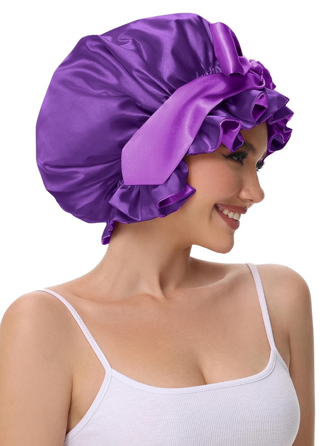 Cute Adjustable Silk Bonnet for Sleeping Double Layer Satin Cap Hair Sleep Bonnet for Curly Hair Purple