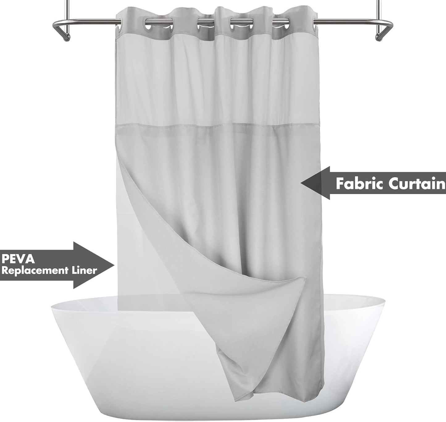Long No Hook Slub Textured Shower Curtain with Snap-in PEVA Liner Set - 71" x 80"(78"), Hotel Style with See Through Top Window, Grey Fabric Curtain & Waterproof Liner, Gray, 71x80