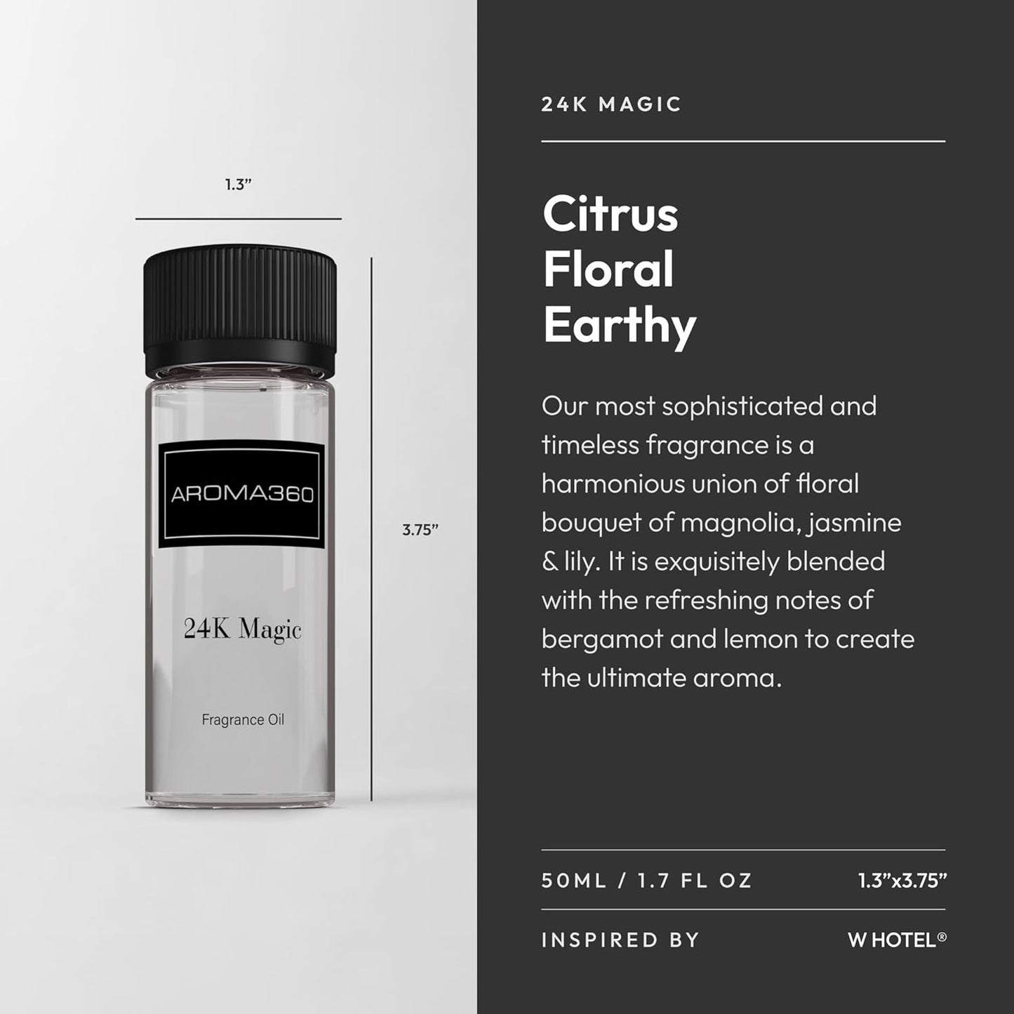 Aroma360-24K Magic Fragrance Oil Blend 50ML | Hotel Inspired Luxury Essential Oil Diffusers | Aromatherapy Scent Diffuser Oil | Citrus Beginning of Bergamot, Lemon & Lemongrass with Notes of Jasmine