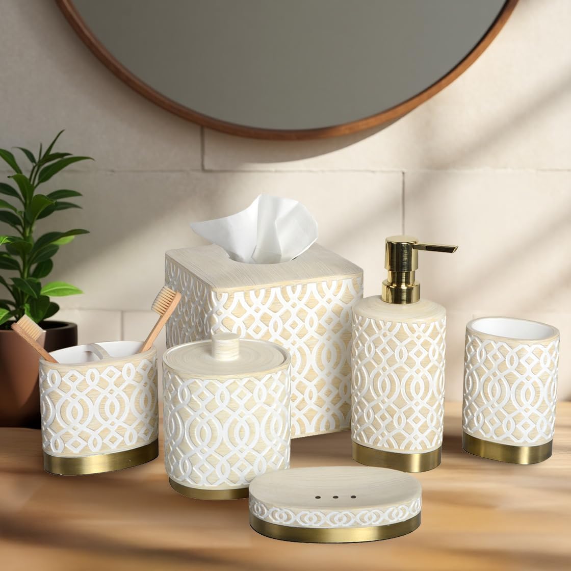 6-Piece Bathroom Accessories Set – Soap Dispenser, Toothbrush Holder, Tumbler, Soap Dish, Cotton Swab Jar & Toilet Brush – Modern Bathroom Decor Set (Solana)