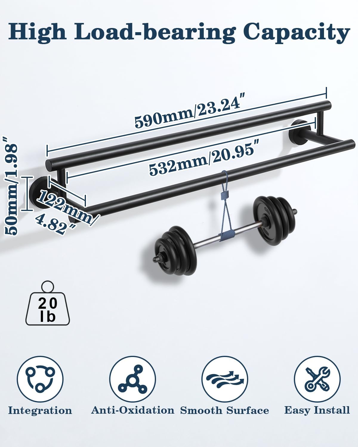 Alise Double Bath Towel Bars Towel Racks for Bathroom Lavatory,Wall Mount Towel Holder SUS304 Stainless Steel Towel Hanger Rail,GYT6902-B Matte Black 24 Inch