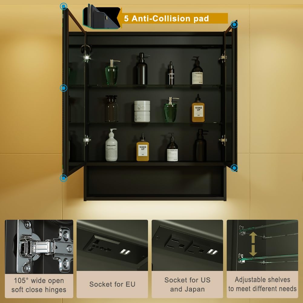 KWW LED Lighted Bathroom Medicine Cabinet with Sockets & USBs, Defogger, Dimmable, 3 Color Light Makeup Mirror, Easy to Install, Wall Mounted Cabinet (Two-Door, 30 * 34)