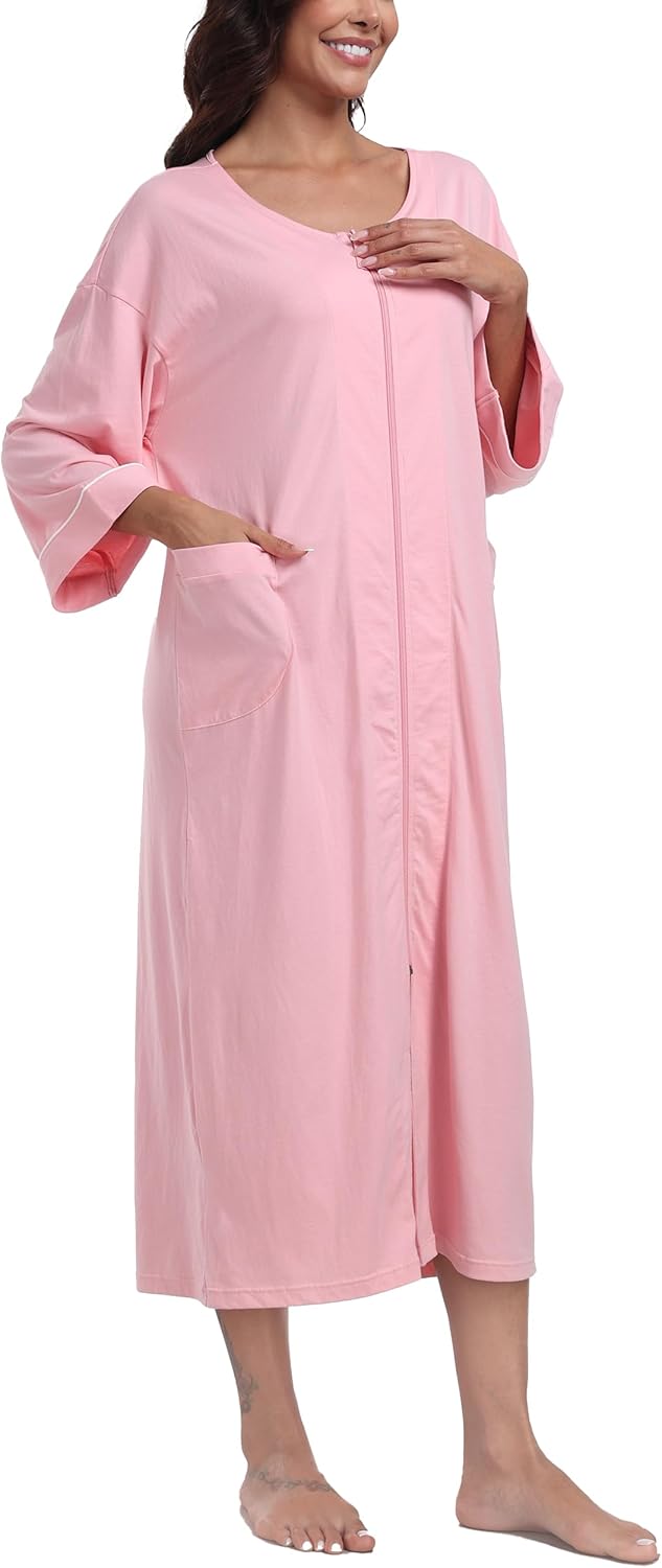ANLIQI Women's 100% Cotton Robes Long Zipper Front House coats 3/4 Sleeve Bathrobes Lightweight Full Length Robe with Pockets