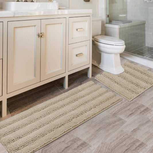 H.VERSAILTEX Bathroom Rug Sets 2 Piece Bath Mats Non Slip Thick Soft Chenille Striped Bath Rug achine Washable Shower Floor Rugs for Tub, Shower and Floor (Fog, 47"x17" Plus 20"x20" U)
