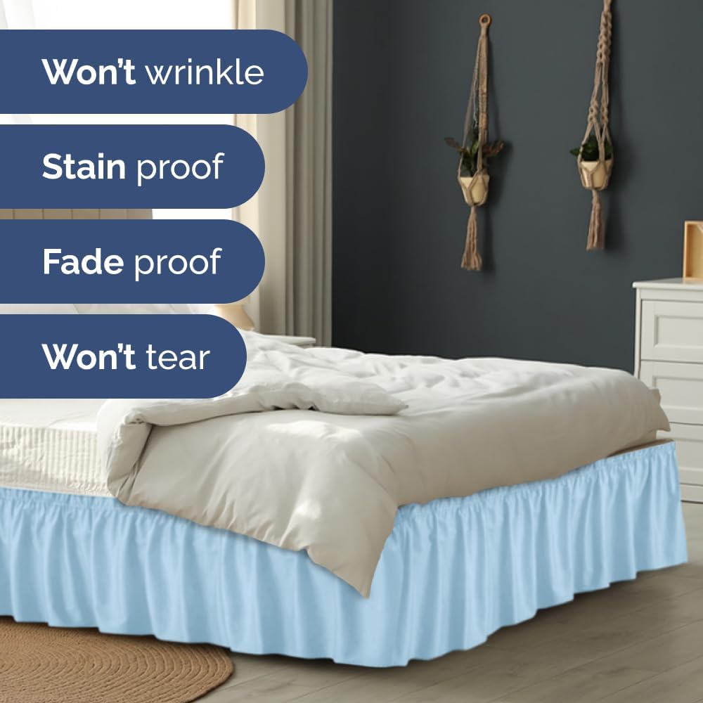 Wrap Around Dust Ruffle Bed Skirt - Light Blue - Twin/Twin XL Size Beds with 18 Inch Drop - Elastic Strap - Adjustable Pleated Bedskirt with Brushed Fabric and Wrinkle Free - Women, Men, Kids & Teens