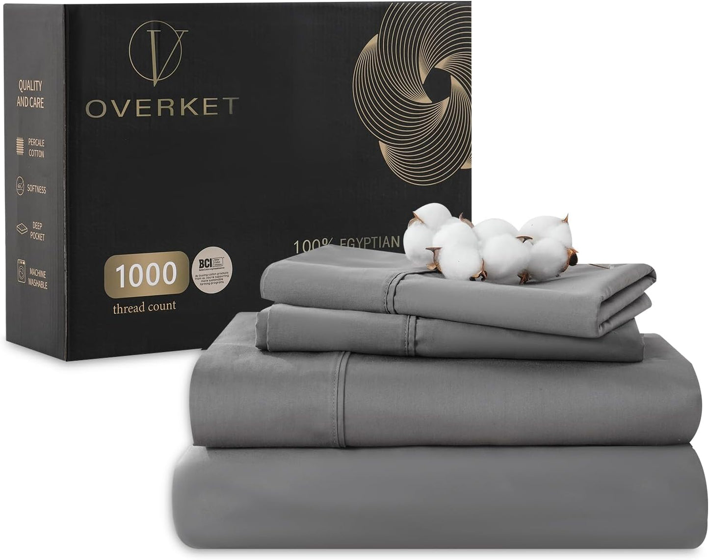 100% Egyptian Cotton Sheets Cal King Sheet Set 1000 Thread Count Sateen Weave Soft Breathable 16-Inch Deep Pocket 4PCS（California King,Dark Grey）