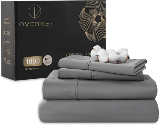 100% Egyptian Cotton Sheets Cal King Sheet Set 1000 Thread Count Sateen Weave Soft Breathable 16-Inch Deep Pocket 4PCS（California King,Dark Grey）
