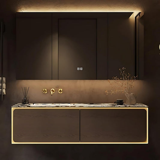 56IN Bathroom Vanity Set with a Single Sink - Embedded Sensor Light Strip & Large Capacity Floating Cabinet | Modern Bathroom Vanities with Defogging Mirror Surface & LED Lighting (Mirror Cabinet)