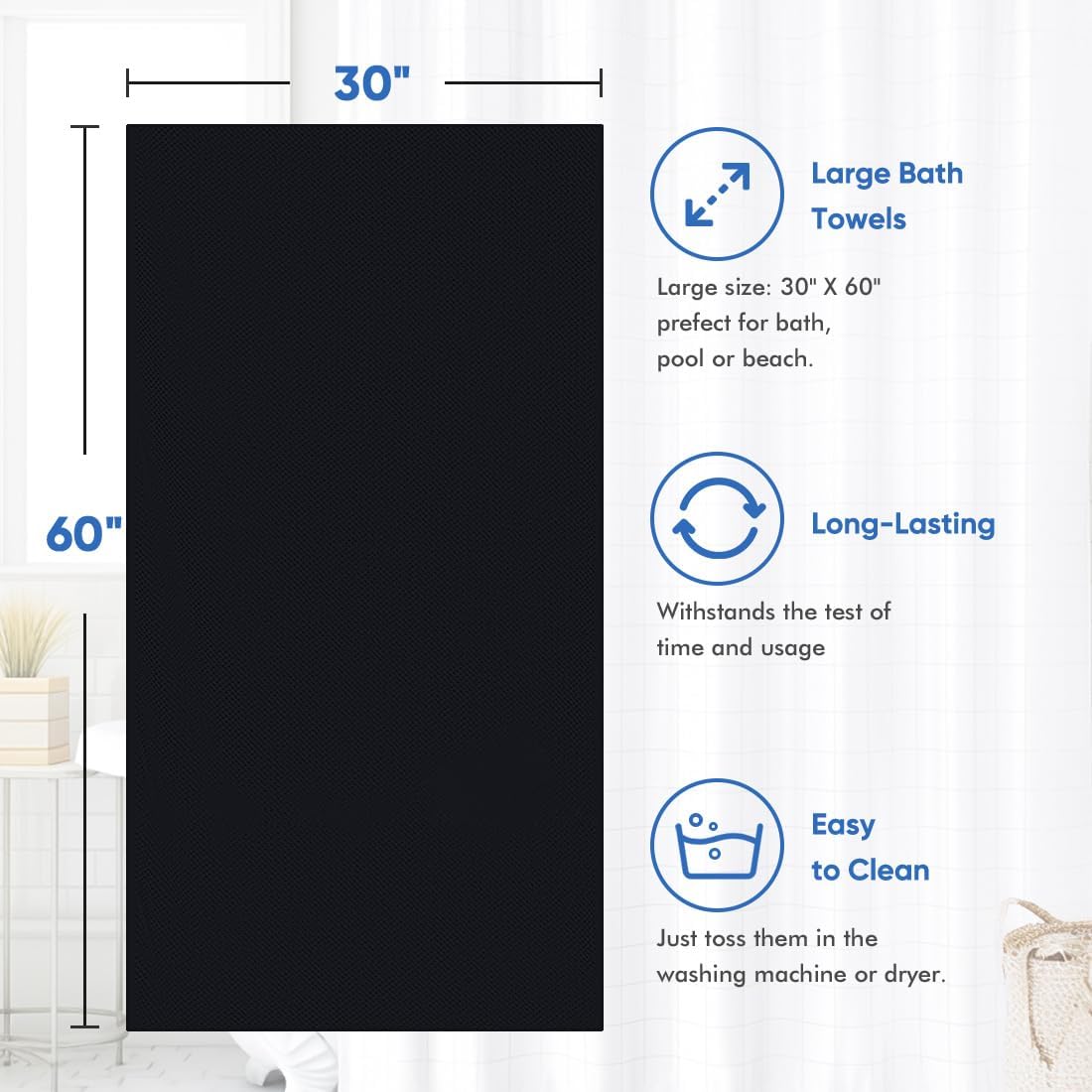 HOMEXCEL Bath Towel Set Pack of 4, 30 x 60 Inches Large Microfiber Bath Towels, Soft, Absorbent, and Quick Dry Towels for Bathroom, Pool, Beach, Swim, and Yoga, Large Bathroom Towels, Black
