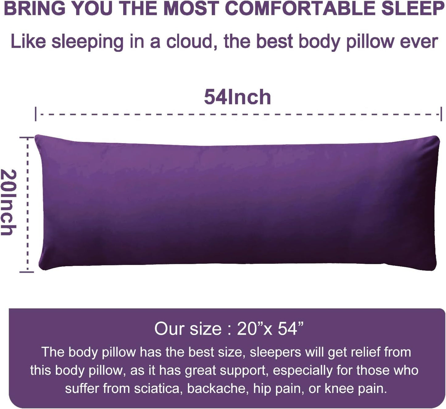 DOWNCOOL Large Body Pillow Insert- Breathable Full Body Pillow for Side Sleeper - Soft Long Bed Pillow for Adults - 20 x 54 inch (Purple)
