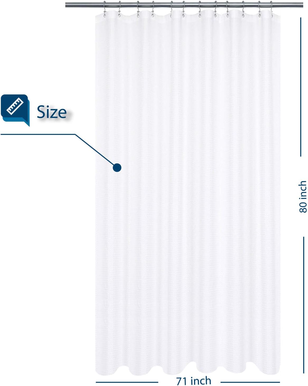 Long Shower Curtain with 80 inch Height, Fabric, Waffle Weave, Hotel Luxury Spa, Water Repellent, Machine Washable, 230 GSM Heavy Duty, White Pique Pattern Decorative Bathroom Curtain
