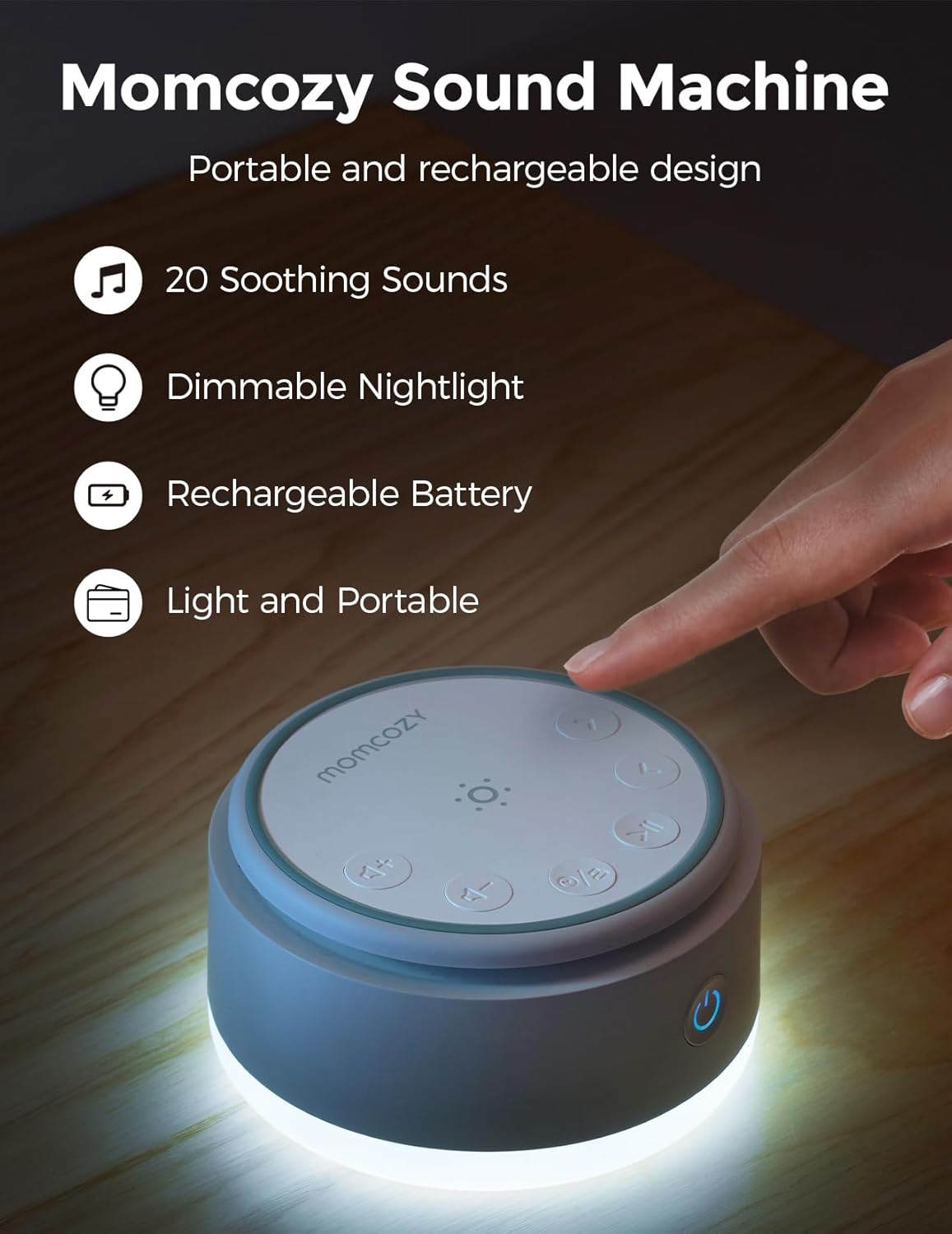 Momcozy Sound Machine for Baby | Portable White Noise Sound Machine for Sleep Rechargeable | 20 Sleep Sounds White Noise Machine with Nursery Night Light | Travel Sleep Sound Machine Battery Based