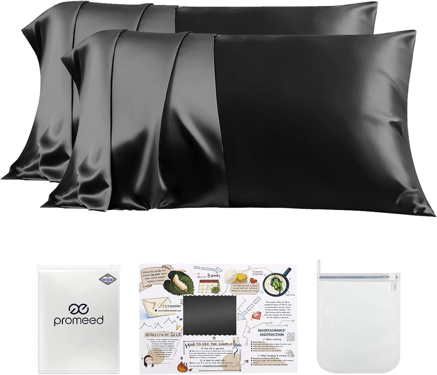 PROMEED 100% Mulberry Silk Pillowcase Set of 2, 23 Momme 3rd Gen Grade 6A+ 100% Mulberry Silk Pillow Cases 2 Pack, Real Silk Pillow Cover for Acne Prone Skin (King 20"x36", Black)