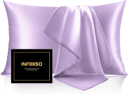 INFIIXSO Mulberry Silk Pillowcase for Hair and Skin, Silk Pillow Cases Queen Size Set of 2 with Hidden Zipper 20"x30", Ultra Smooth and Soft Cooling Pillow Cases for Hot Sleepers(Lavender, 2 Pack)