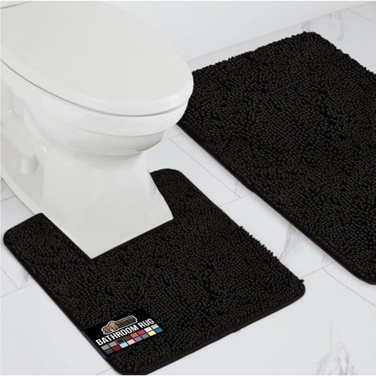GORILLA GRIP Bathroom Rug Sets, Soft Chenille 2 Piece Area Rugs Set, Toilet Base Mat and 30x20 Carpet, Absorbent Microfiber Washable Mats Dry Quickly, Home Décor and Bath Room Accessories, Black