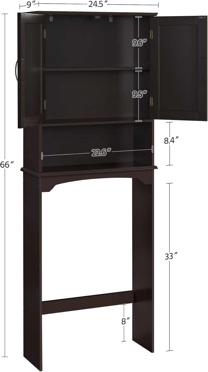 Yaheetech Over The Toilet Storage with 2 Doors & Adjustable Shelf, Free Standing Toilet Rack Wooden Space-saving Collect Cabinet, Bathroom Furniture, 9Dx24.5Wx66H Inches, Espresso