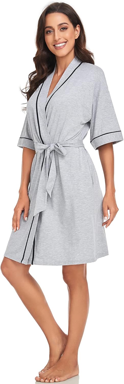 COLORFULLEAF Womens Bamboo Short Robes Lightweight Kimono Cotton Robe Soft Knit Bathrobe Ladies Loungewear with Pockets